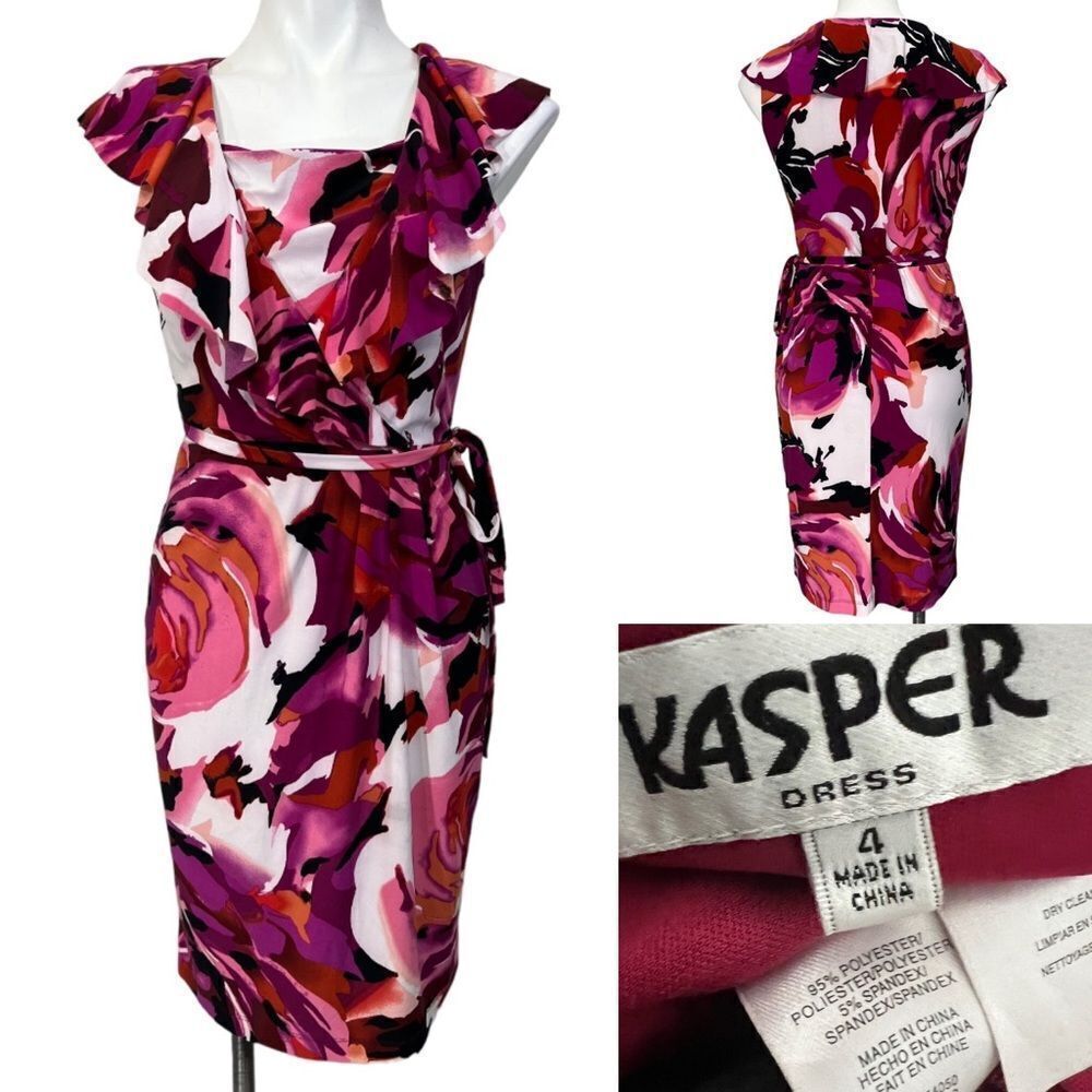 Kasper dress size 4 floral multicolor tie-waist sheath office ruffle career -13